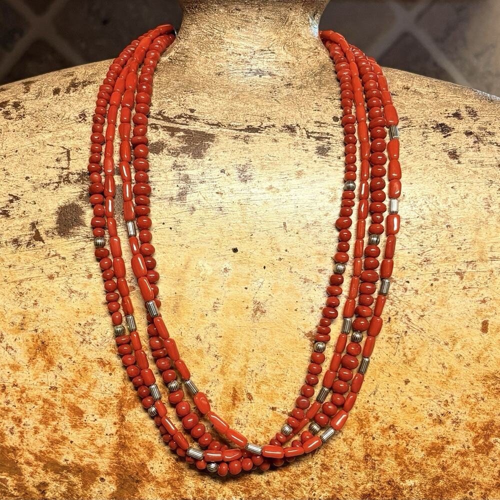 Shube's Dakota West Necklace Sterling Silver & Red Coral Multi Strand Vintage - Picture 3 of 8